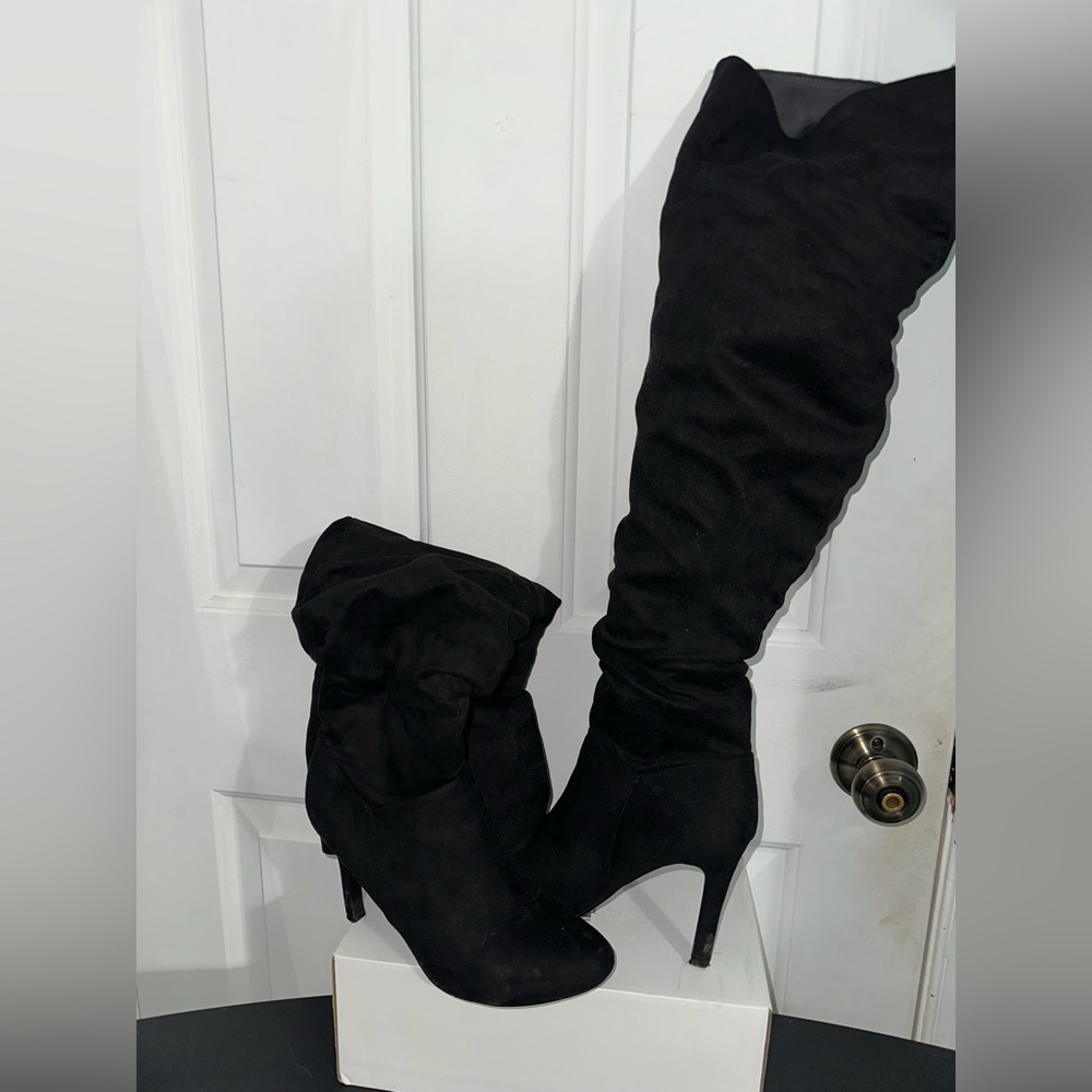 Black WIDE CALF thigh high boots faux suede